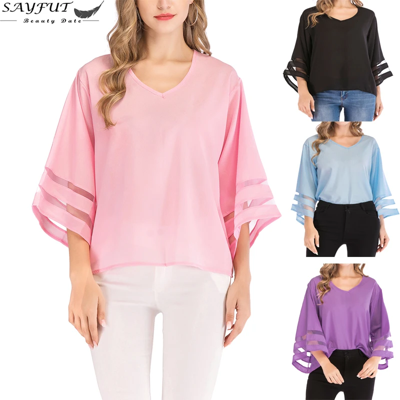 

Sayfut Women's Top Shirt Tee V Neck Mesh Panel Chiffon Bell Sleeve Summer New Fashion Plus Size S-5XL Loose Quality Top