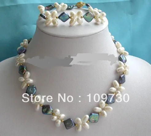 

Jewelry 00482 wonderful white 11mm black rhombus freshwater pearl necklace&bracelet a set hot