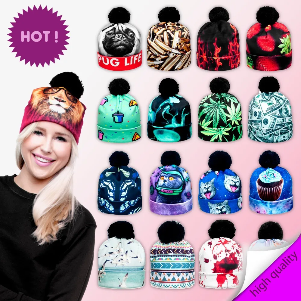 2018 модные 3D принт Для женщин Шапки уникальный осень-зима Кепки разноцветный теплая шапка женские шапки лыжные шапочки шапка с помпоном PY212
