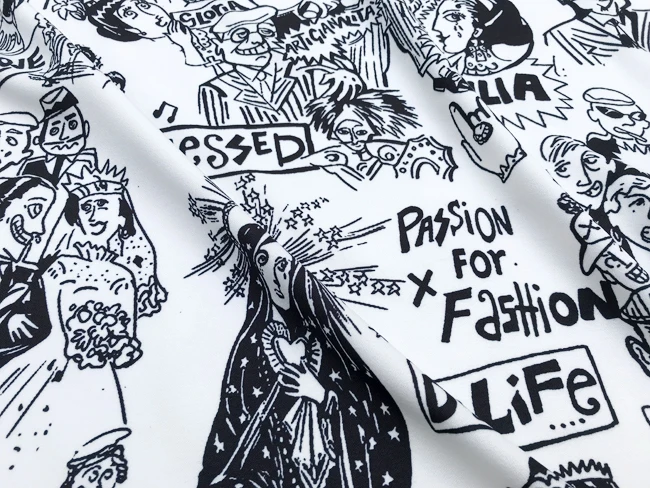 Sicilia/145 см ширина, рисунок из мультфильма, белая полиэфирная льняная ткань для женщин, летнее платье, юбка, блузка, брюки, швейная DIY-AF957