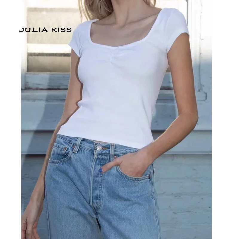 

Women Fitted Tee with Ruched Detailing On The Chest Ruched Bust Crop Top