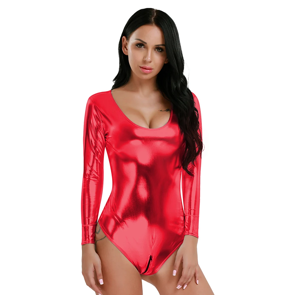 iEFiEL Sexy Womens Wetlook Bodycon Patent Leather Leotard Bodysuit with Zipper Crotch High Cut Dancewear for Nightclub Parties white bodysuit