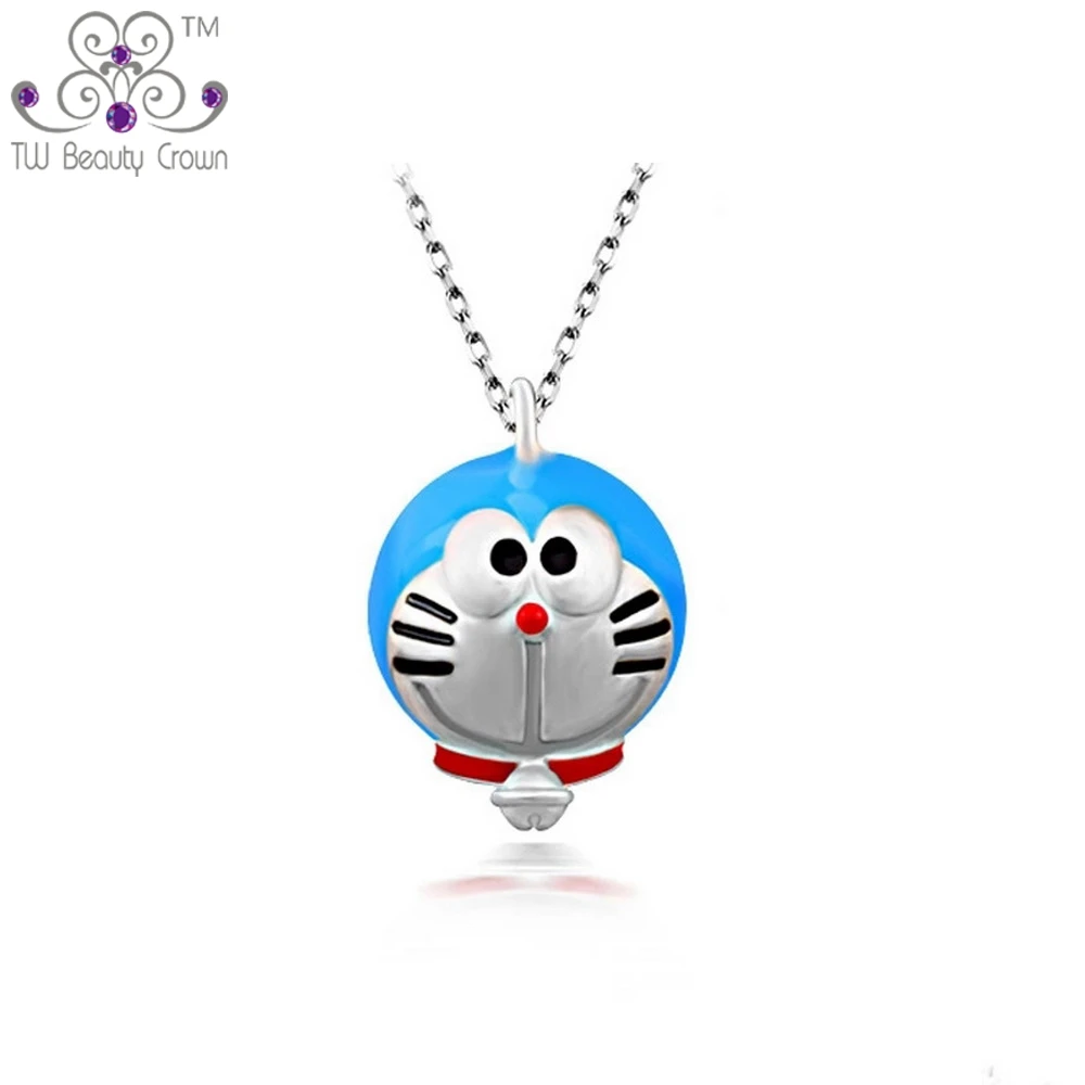 Real 925 Sterling Silver Fashion Cute Doraemon Pendant Necklaces For