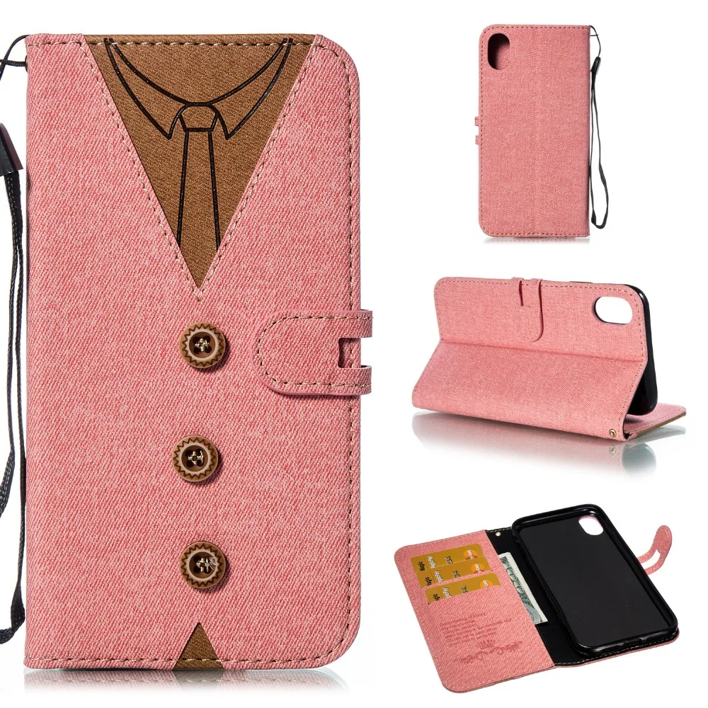 

For iPhone 6S 6 7 8 9 Plus Case Vintage Cloth Button Necktie Bow Tie Wallet Case For iphone 5 5s se X Flip Card Slot Stand Cover