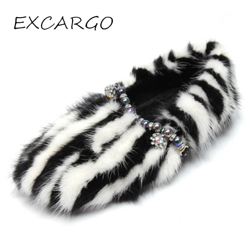 

EXCARGO Mink Fur Loafers Flats Shoes Woman Pearl Chain 2018 Winter Velvet Fur Warm Female Fashion Flats Mink Woman Warm Shoes 40