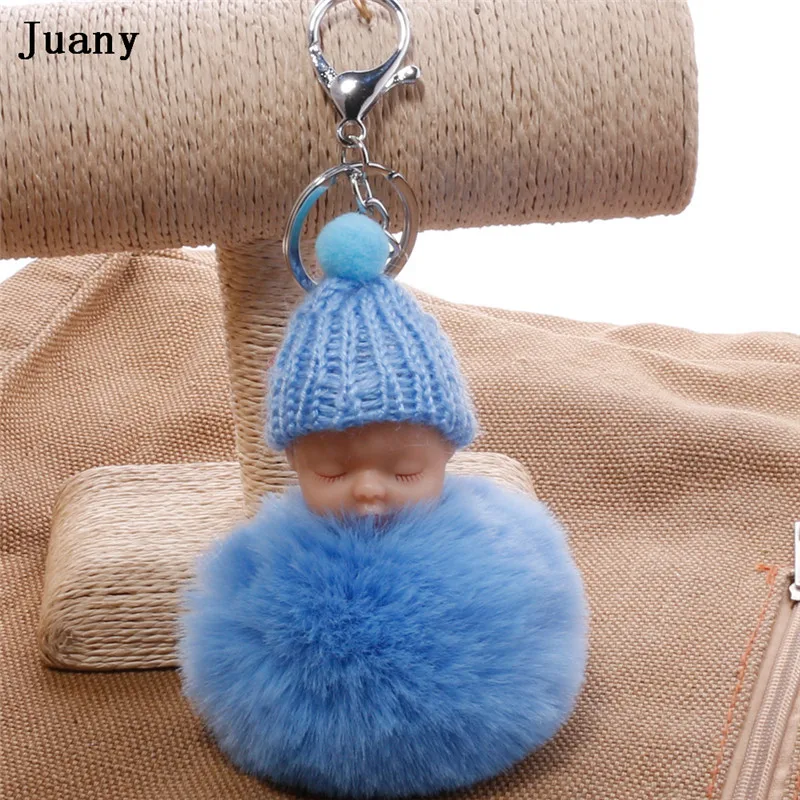 pompom key chain sleeping baby doll key chain pompom rabbit fur ball keychain car keyring women bag car pendant charm 12