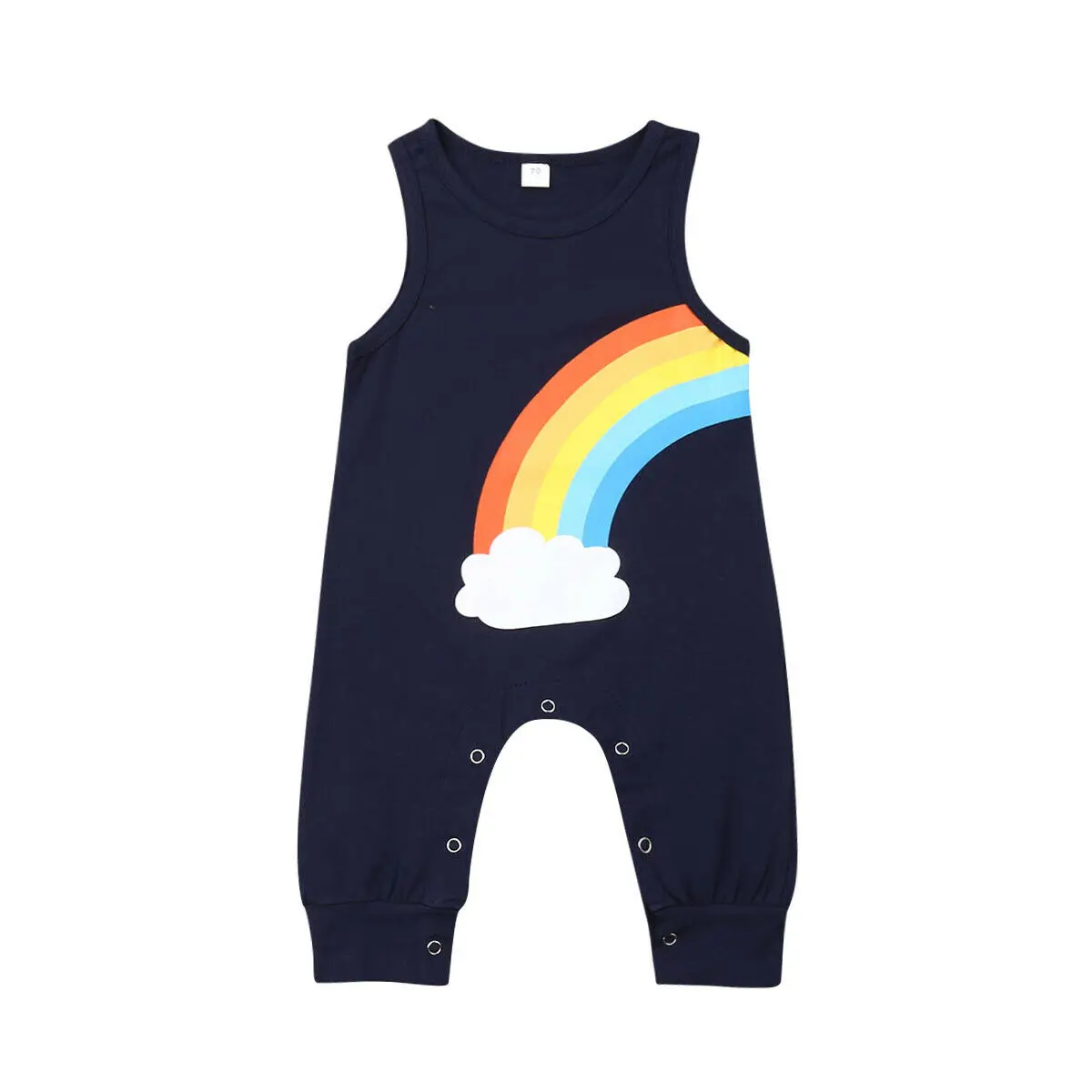 

2019 Summer Cotton Sleeve Cute Rainbow Print Blue Romper Playsuit Sunsuit Clothes Outfit for Toddler Kids Baby Girls Boys 0-24M