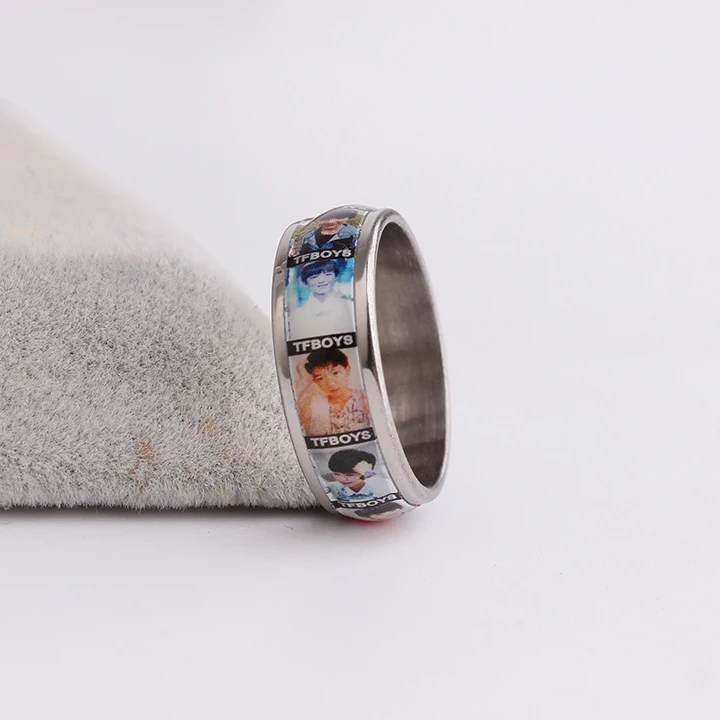 

free shipping wide 6mm TFBOYS photo drop oil 316L Stainless Steel finger rings for men wholesale