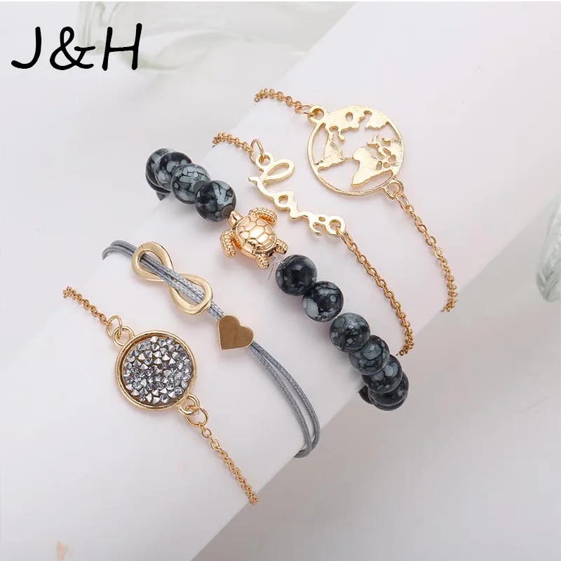

5 Pcs/set Charm Punk Turtle Map Heart Letter Love Crystal Beads Chain Multilayer Pendant Gold Bracelet Set Bohemian Bracelets