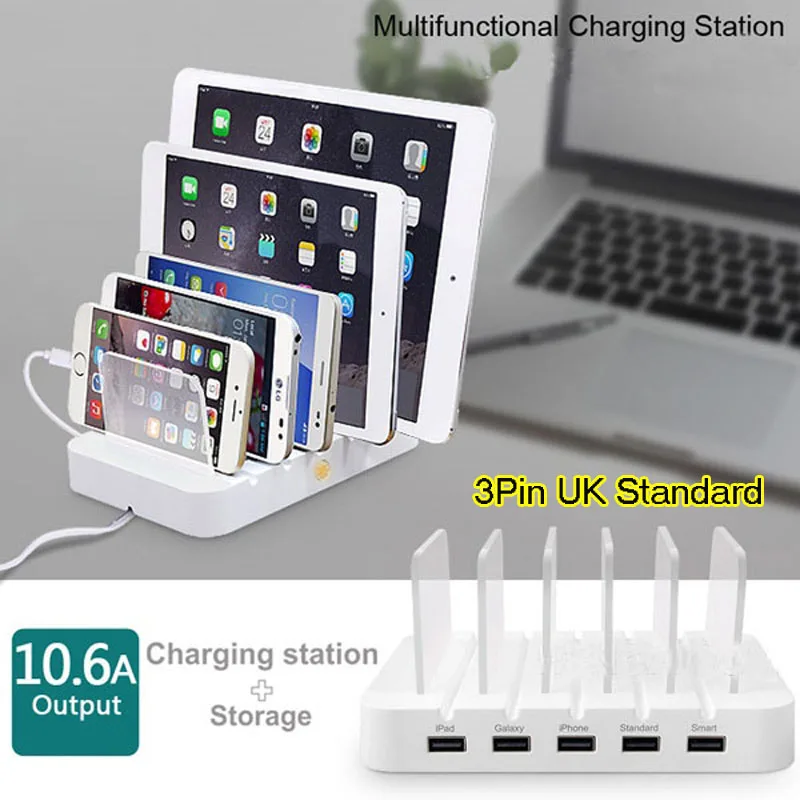 UK Standard Power Hub 5 Multi Charger Dock With 5 USB Port 10.6A For