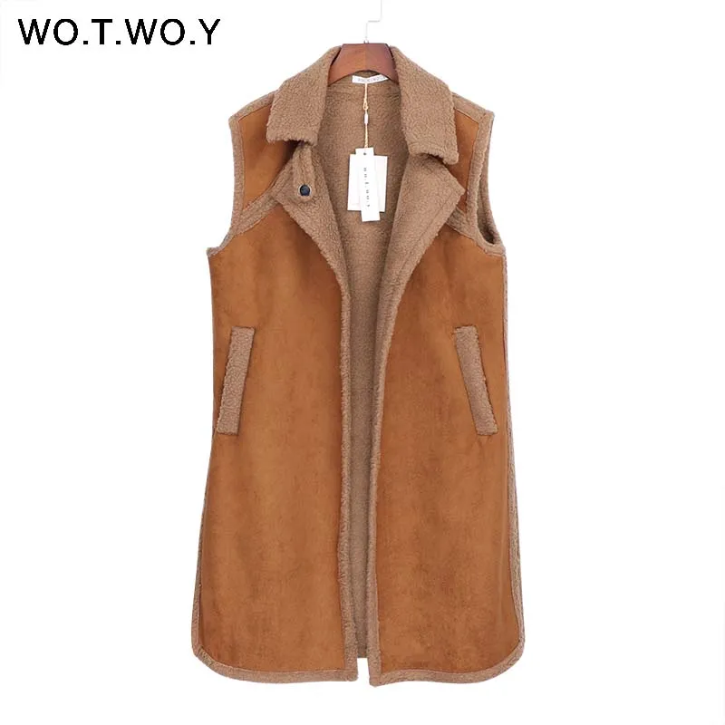 WOTWOY Lambs Wool Suede Leather Long Vest Women Winter Waistcoat