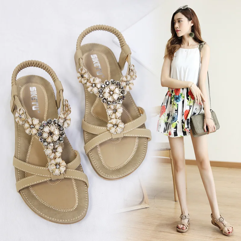 

Summer 2019 new Korean sandals female bohemian flower rhinestone fashion casual flat women's shoes