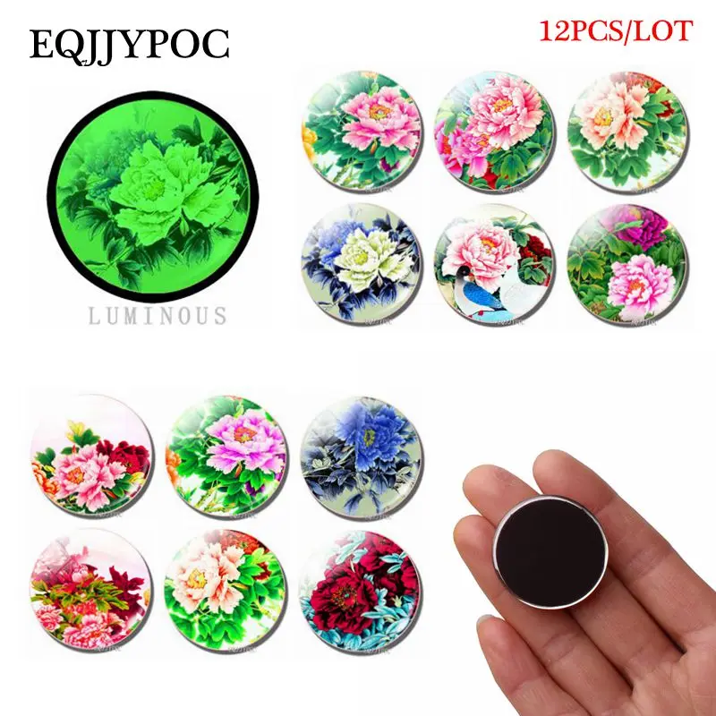 

12pcs 25mm Peony Blossom Fridge Magnet Flower Glass Gemstone for Refrigerator for Home Decor Glowing At Night Magnetic Stickers
