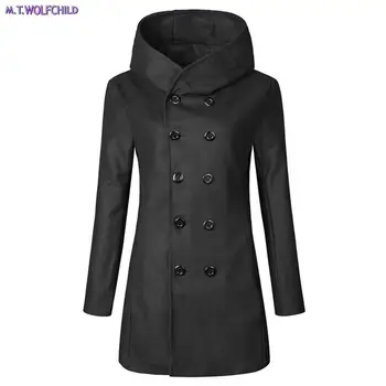 

Free shipping Autumn Mens hooded double breasted woolen trench coats casual mens thick clothing fashion mens winter slim tops