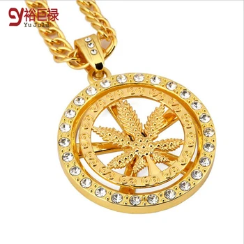

Hiphop Chunky Metal Pendant Necklace Round Rotate Leaf Crystal Pendant Gold Necklace for Men Punk Women Fashion Jewelry