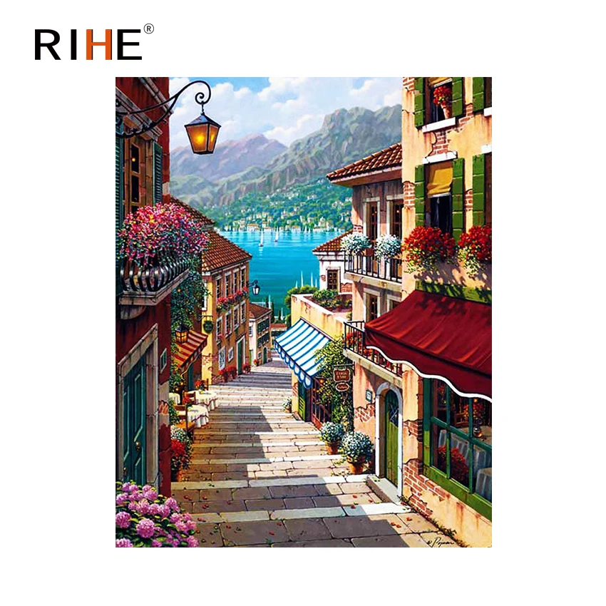 

RIHE European Town Diy Painting By Numbers Abstract Street Oil Painting On Canvas Cuadros Decoracion Acrylic Wall Picture 2018