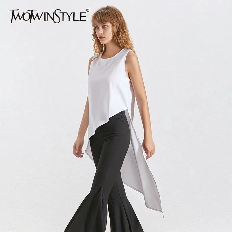 

TWOTWINSTYLE Summer Chiffon Women Shirt O Neck Sleeveless Off Shoulder Asymmetrical Solid Blouse Female 2019 Fashion New Korean