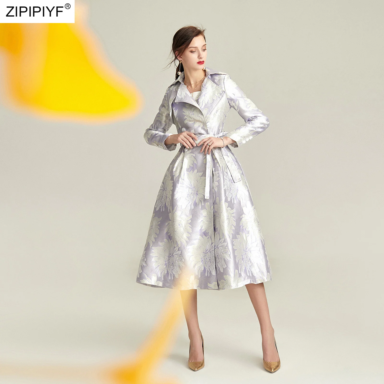 

New High-end Trench Coat Elegant Women Lapel Double-breasted Jacquard Temperament Female 2019 Quality Coat C1932