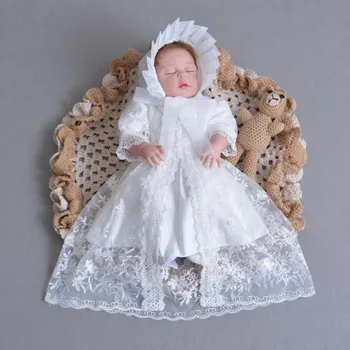 

3PCs per Set Baby Girl Baptism Dress White Infant Girl Christening Gown Lace Embroidered Cape Hat 0-24Months