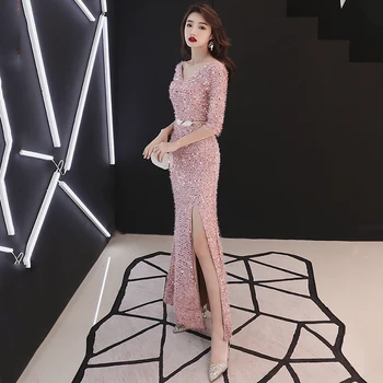 

Sexy Bling Sequins Formal Party Dress Women Satin Evening Party Gown Elegant Luxury Vestidos De Festa Side Split Long Cheongsam