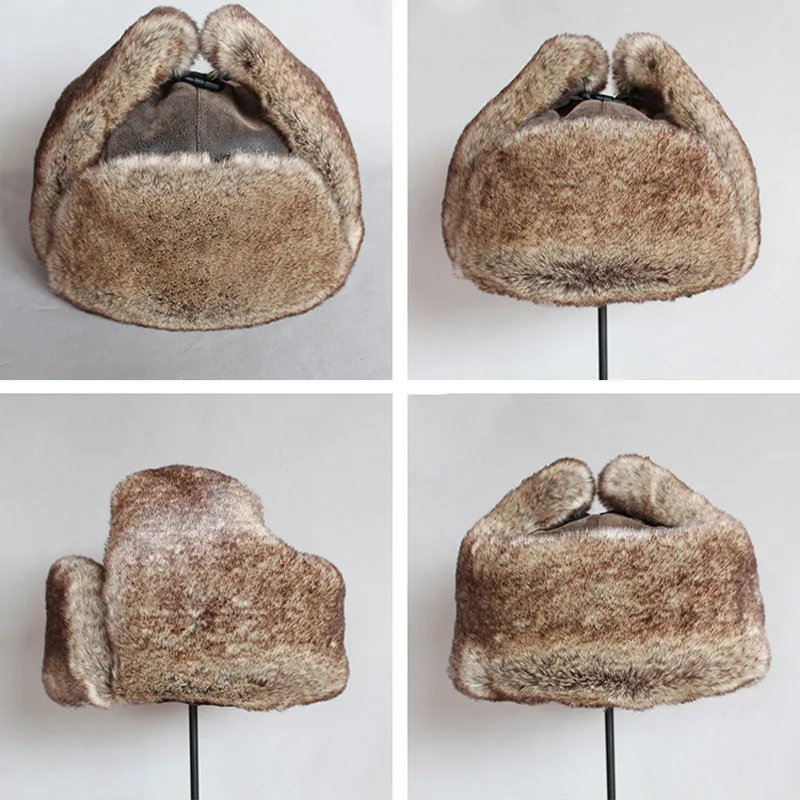 Bomber Hats Winter Men Warm Russian Ushanka Hat with Ear Flap Pu Leather Fur Trapper Cap Earflap