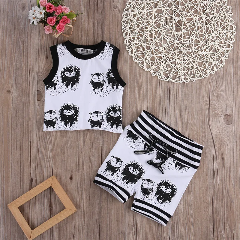 2016 New Toddler Baby Girl Boy Clothes Sets Cute Cartoon Hedgehog Vest Tops T-shirt+Shorts Outfits Summer Casual Sets