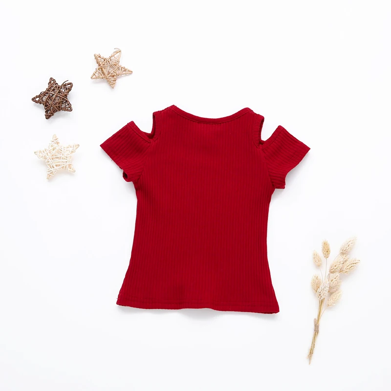 Летняя детская футболка ярких цветов с короткими рукавами и открытыми плечами для маленьких девочек одежда из хлопка новые милые топы