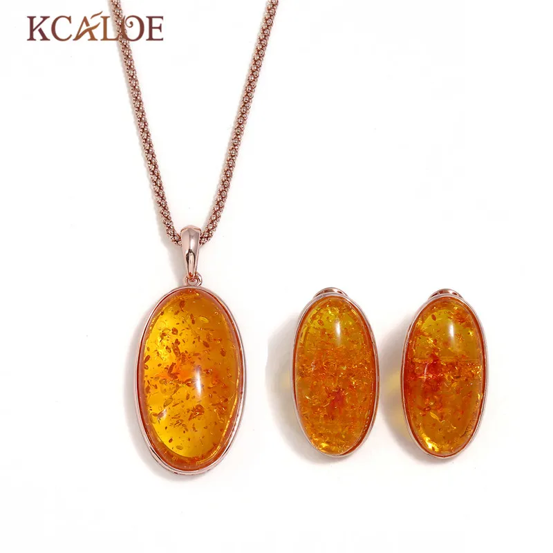 

KCALOE Big Oval Long Pendant Necklace Earrings Jewellery Sets For Women Yellow Stone Russia Rose Gold Color Ethnic Jewelry Set