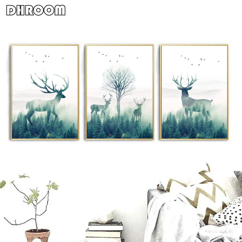 Лесной пейзаж стены искусства холст плакат и печать Летающая Птица Рисунок оленя на холсте в скандинавском стиле картина для декора гостиной