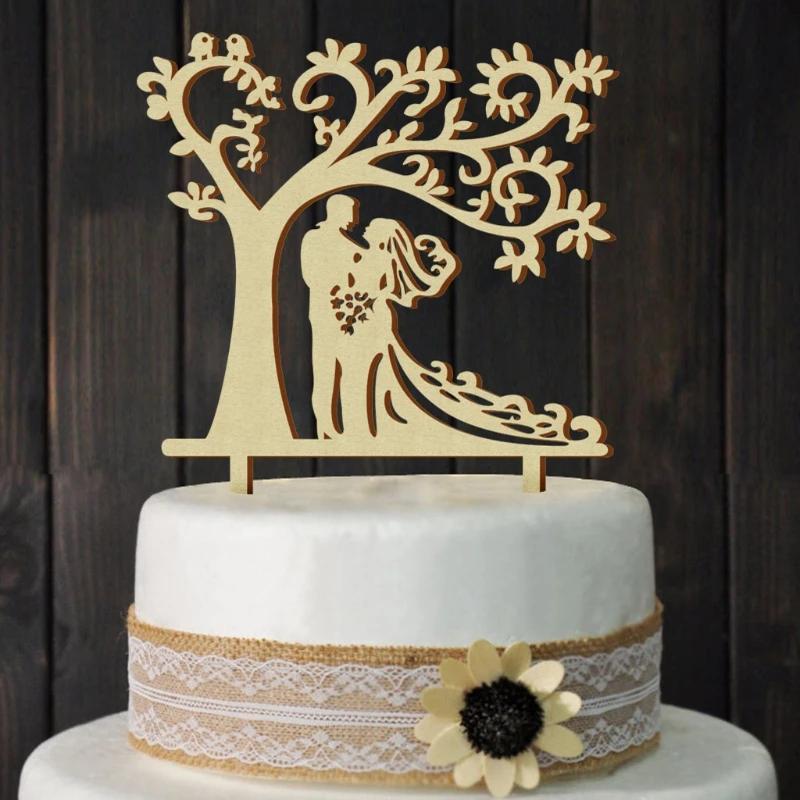 

Personalised Rustic Wooden Wedding Cake Topper Mr & Mrs Silhouette Tree Decor