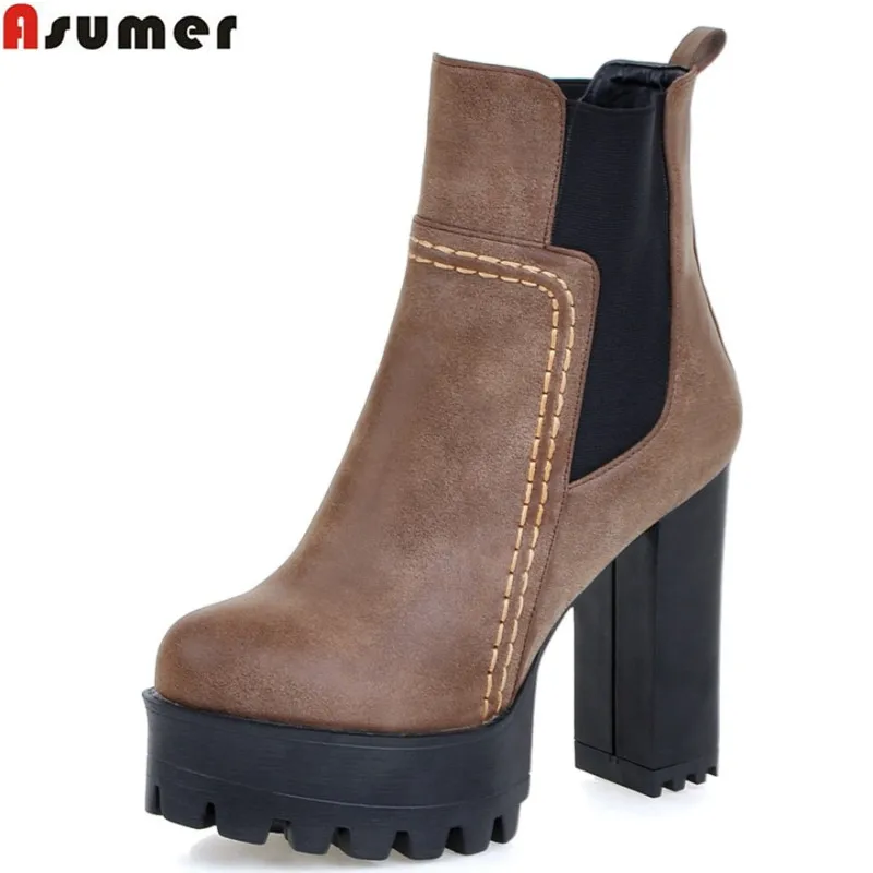 Beste Asumer nieuwe komen 2018 winter warm herstellen enkellaarsjes hoge kwaliteit pu nubuck leer dikke hoge hakken ronde neus vrouwen laarzen