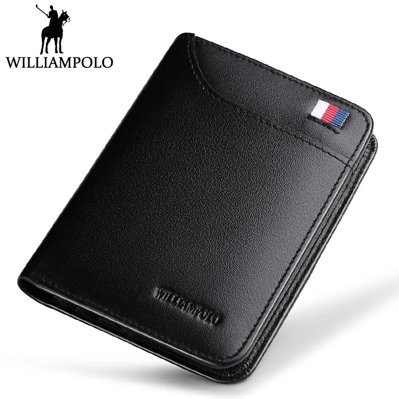 

WilliamPOLO 3 Folds Genuine Leather Wallet Men Purse Cowhide Short Wallet Card Holder Businessman Family Husband's Gift Trifold