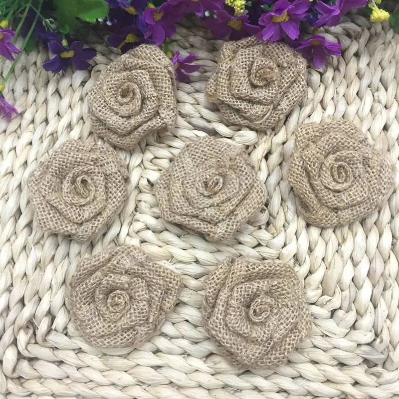 

Набор из 10 5,5 см винтажный деревенский цветок розы Мешковина гессийский джут свадебное украшение натуральный цвет