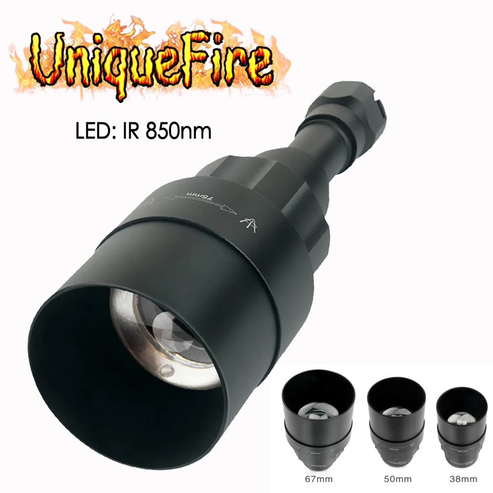 UniqueFire 1605 Osram IR 850nm светодиодный фонарик для охоты 75 мм объектив 3 режима USB Перезаряжаемый фонарь+ 67 мм/50 мм/38 мм головка