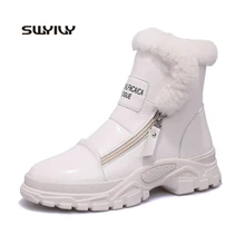 SWYIVY/женские зимние Ботинки martin; Новинка года; кожаная плюшевая бархатная белая хлопковая обувь в британском стиле; теплые женские ботильоны на молнии