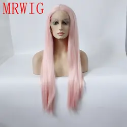 MRWIG 26in натуральным мехом розовые волосы натуральный волос высокого Температура волокно Длинные Синтетические волосы на кружеве парик