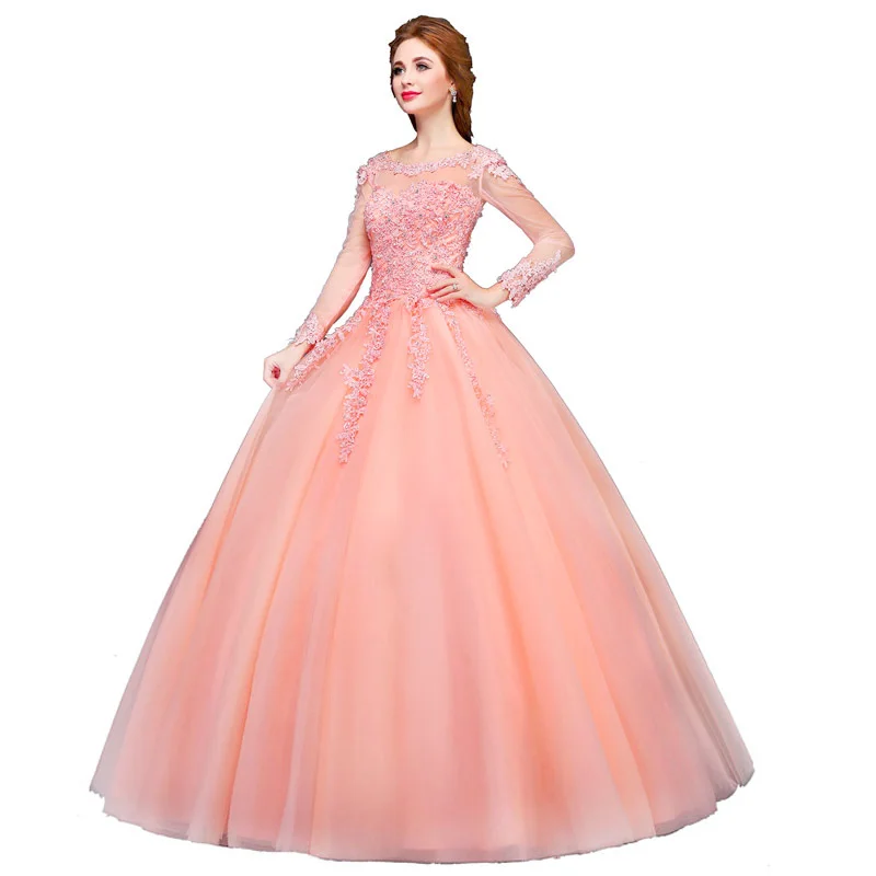 Sexy V Neck Long Prom Dress New Illusion Pink Tulle Appliques Princess Ball Gown Special Occasion Dresses Vestido De Festa
