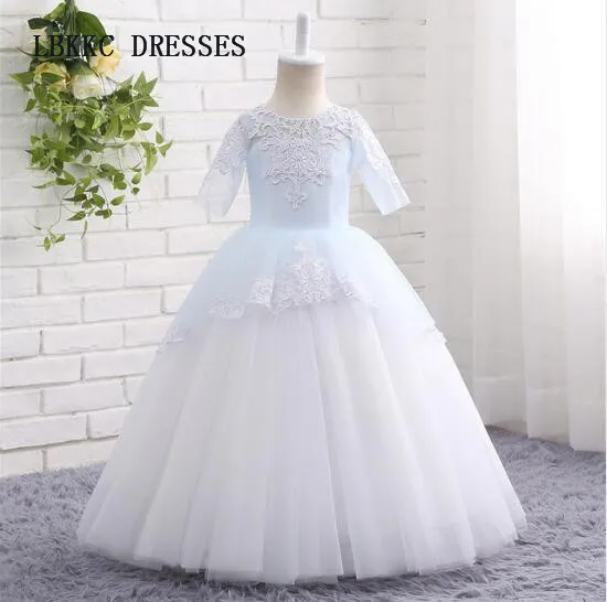 Half Sleeves Flower Girl Dresses Floor Length Robe Petite