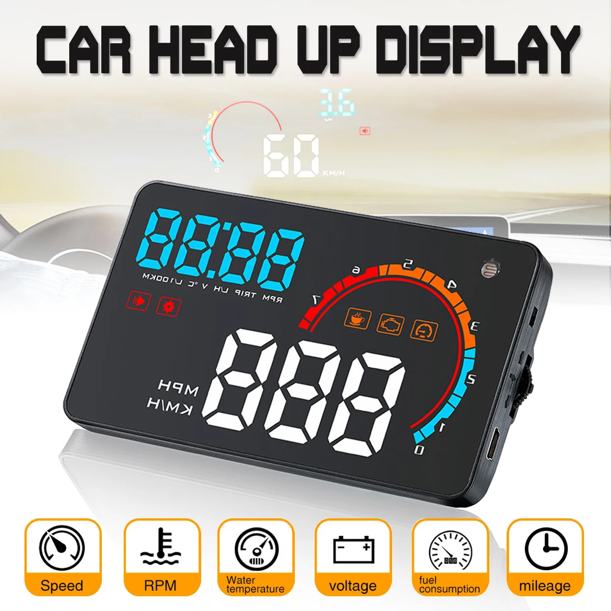 

1Pcs Smart Car HUD Head up Display OBD II EOBD universal Digital speed,RPM voltage alarm Auto Driving Data Diagnosis Detector
