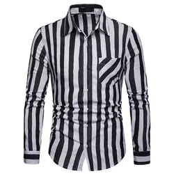 Мужская Черная полосатая рубашка 2019 брендовый карманный дизайн с длинным рукавом рубашка мужская деловая Повседневная социальная рубашка