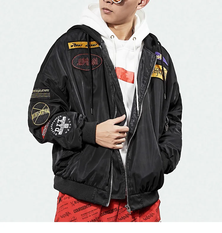 Куртка-бомбер в стиле хип-хоп; куртка пилота; уличная одежда в стиле Харадзюку; Мужская ветровка в стиле хип-хоп с капюшоном; сезон осень года; короткая куртка с вышивкой