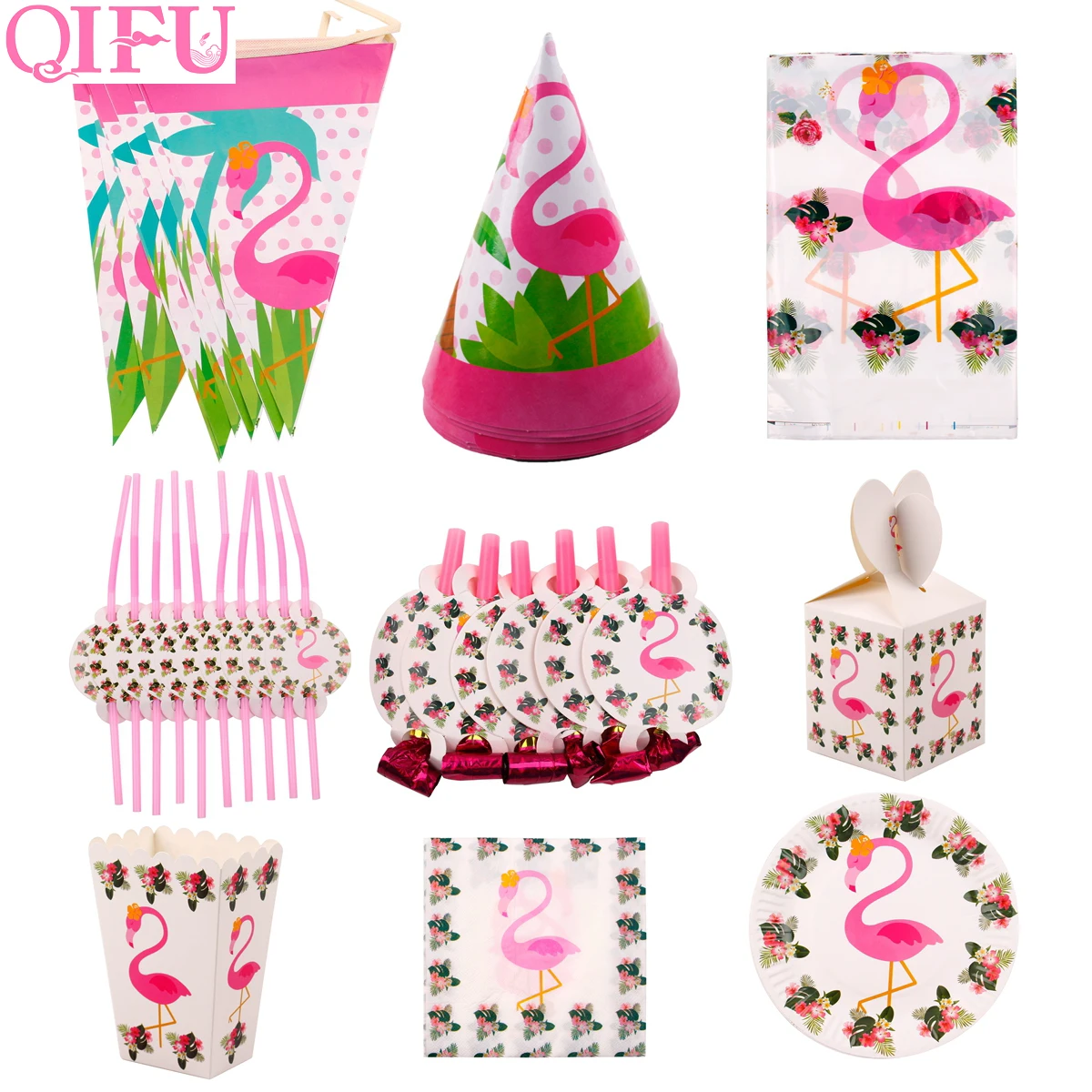 QIFU Disposable Party Tableware Set Flamingo Decor Summer Pool Party Hawaiian Party Decorations Birthday Party Decor Baby Shower