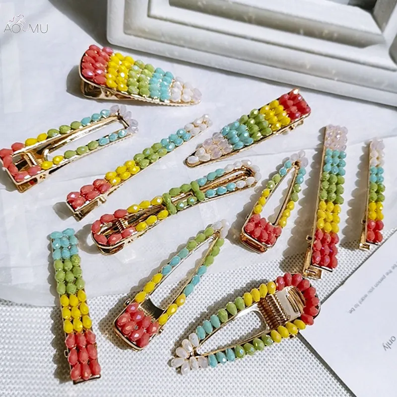 

AOMU Korea Rainbow Color Crystal Hairclips Hollow Geometric Rectangle Hairpins For Women Colorful Beads Hair Accessories