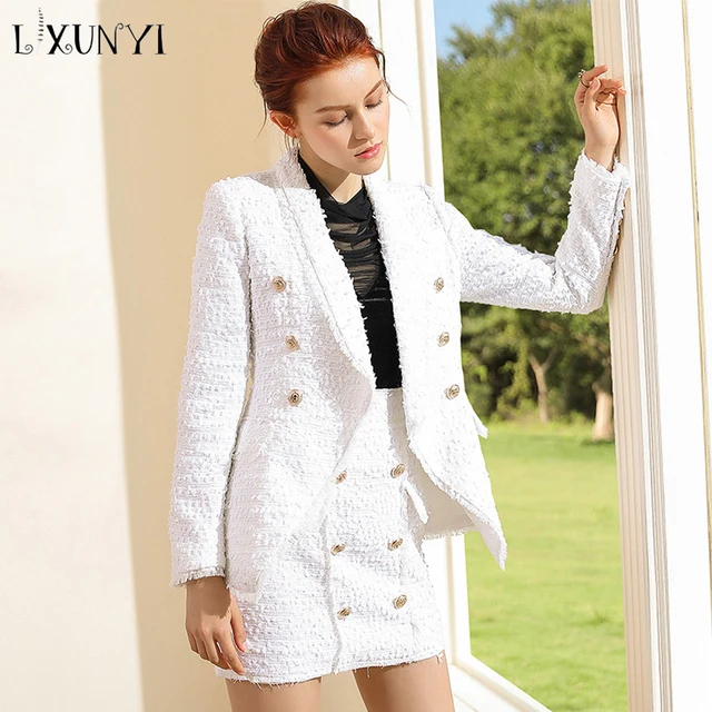 Special Price LXUNYI Autumn High Street Tweed Skirt Suit Women 2 Piece Set Top And Skirt Gold Double Breasted White Elegant Two-piece Suits Special Price LXUNYI Autumn High Street Tweed Skirt Suit Women 2 Piece Set Top And Skirt Gold Double Breasted White Elegant Two-piece Suits