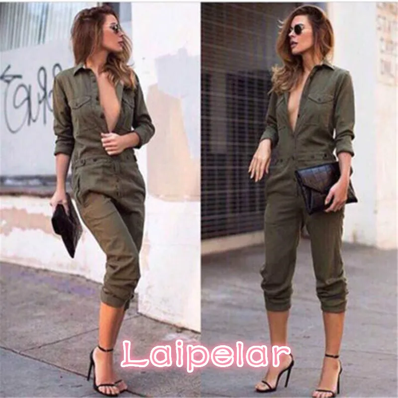 Mono ajustado de manga larga para mujer, traje Sexy de moda, verde militar, sólido, informal, Vintage, largo