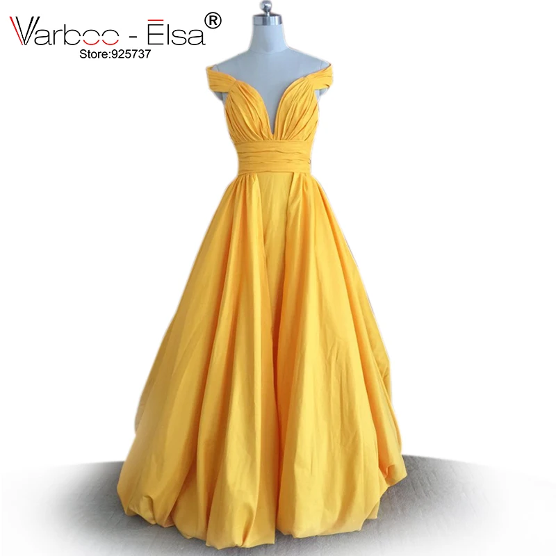 

VARBOO_ELSA long yellow prom dress off the shoulder sexy v neck backless prom dresses 2018 taffeta sheath ruched prom dresses