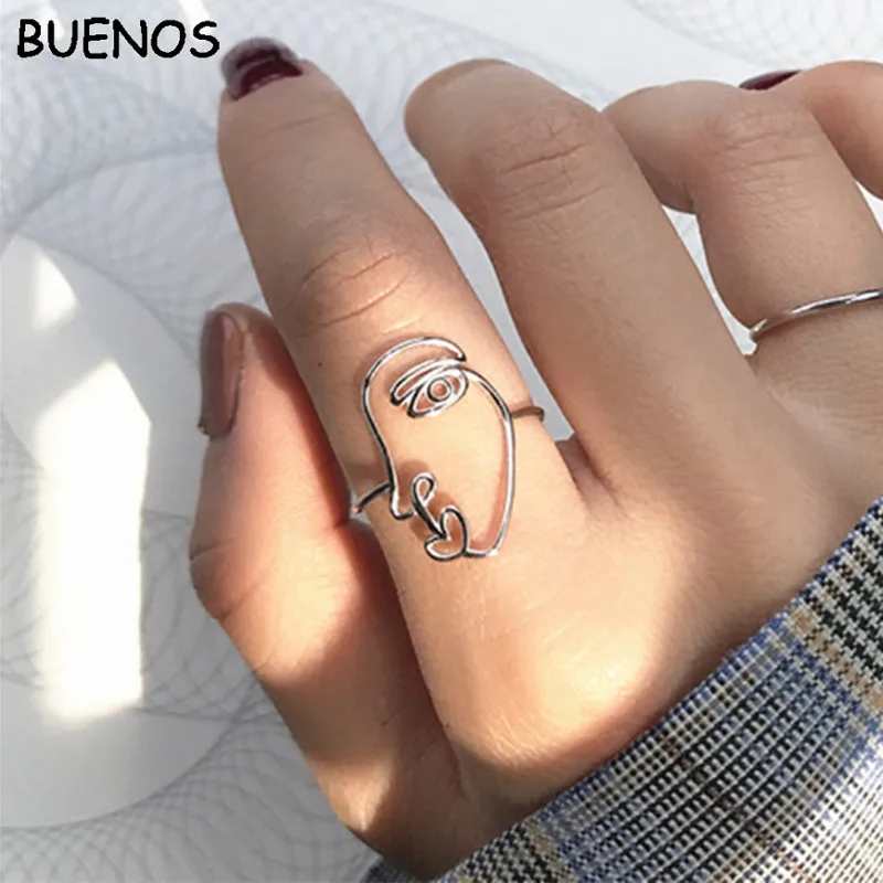 

BUENOS 2PCS New Hip Hop Gold Silver Face Ring Set Hollow Minimalist Matching Half Face Rings for Women Anillos Mujer Couple Ring