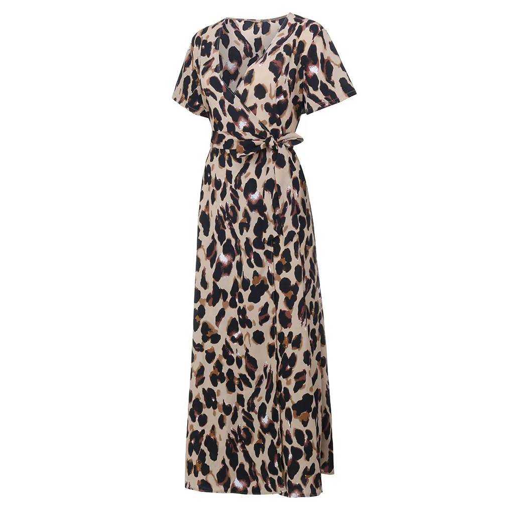 JAYCOSIN новые летние женские платья сексуальные модные размера плюс леопардовые с коротким рукавом с поясом и v-образным вырезом вечерние длинные сарафаны 905617