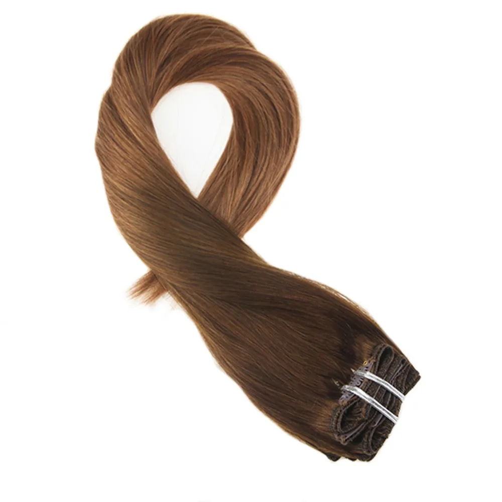 

Moresoo Remy Clip In Human Hair Extensions Ombre Brown Color #T4/30 Thick Double Weft Full Head Real Hair Extensions 7Pcs 100g