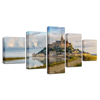 

Mont Saint Michel Poster Canvas Painting Home Decor Living Room Framework 5 Pieces Modular HD Prints Church Building Pictures